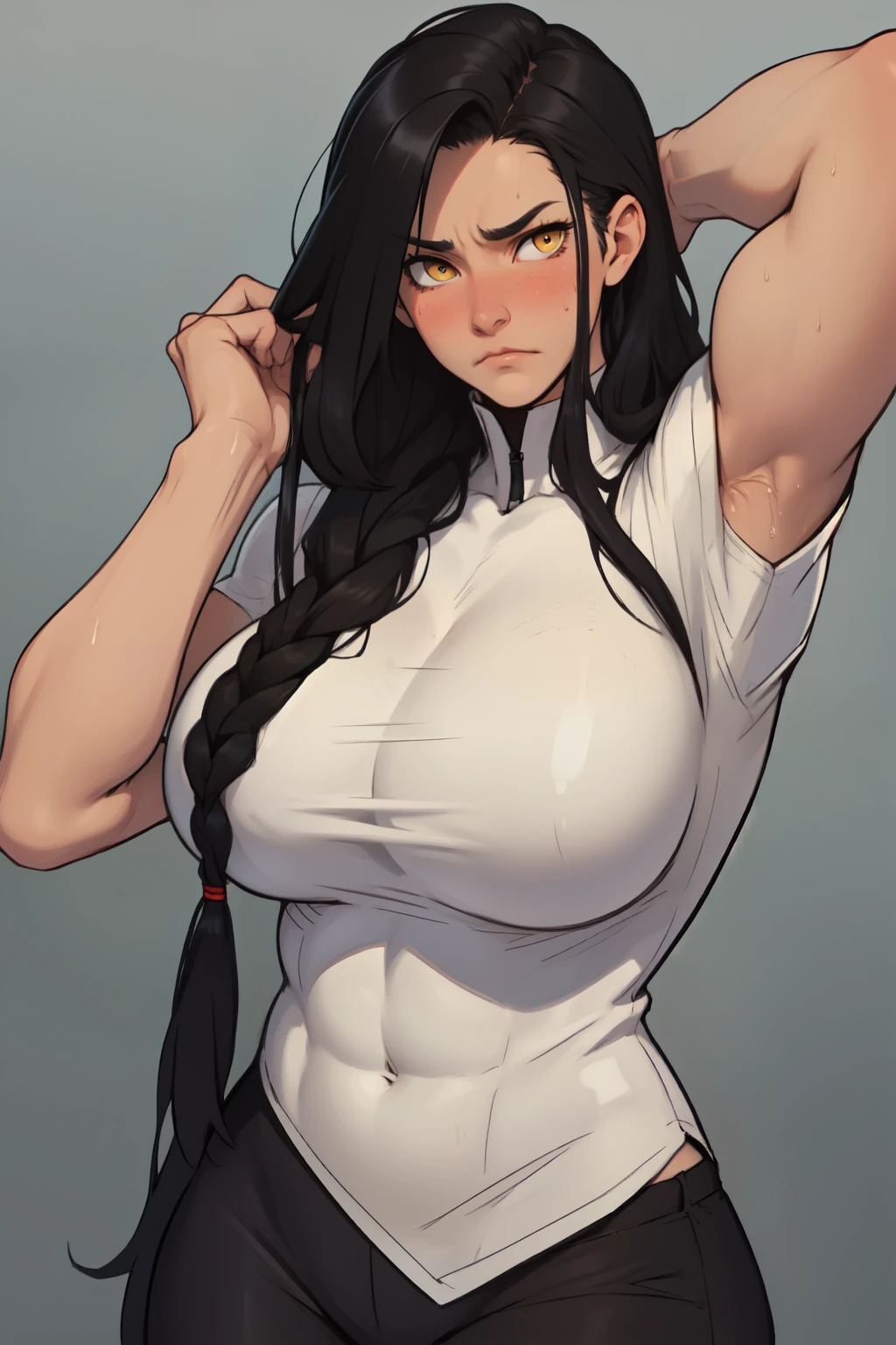 muscular black hair yellow eyes pale skin girl sad huge breasts blushing frown sweaty long straight hair long straight hair long straight hair long straight hair long straight hair flowing garments