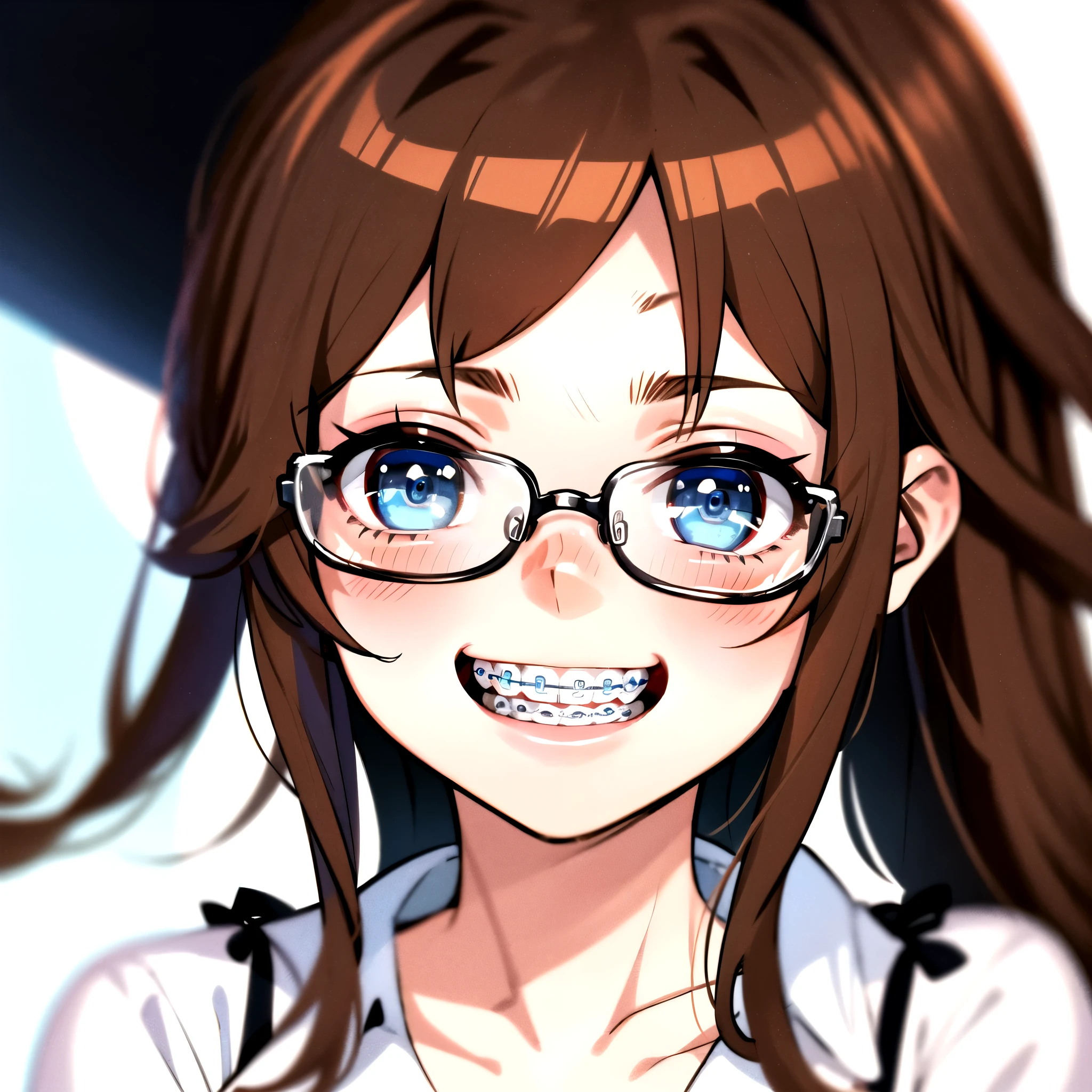 1girl, seductive eyes, braces, glasses, smiling, cute, face focus, blue eyes, blush, brown hair, best quality, masterpiece, highres