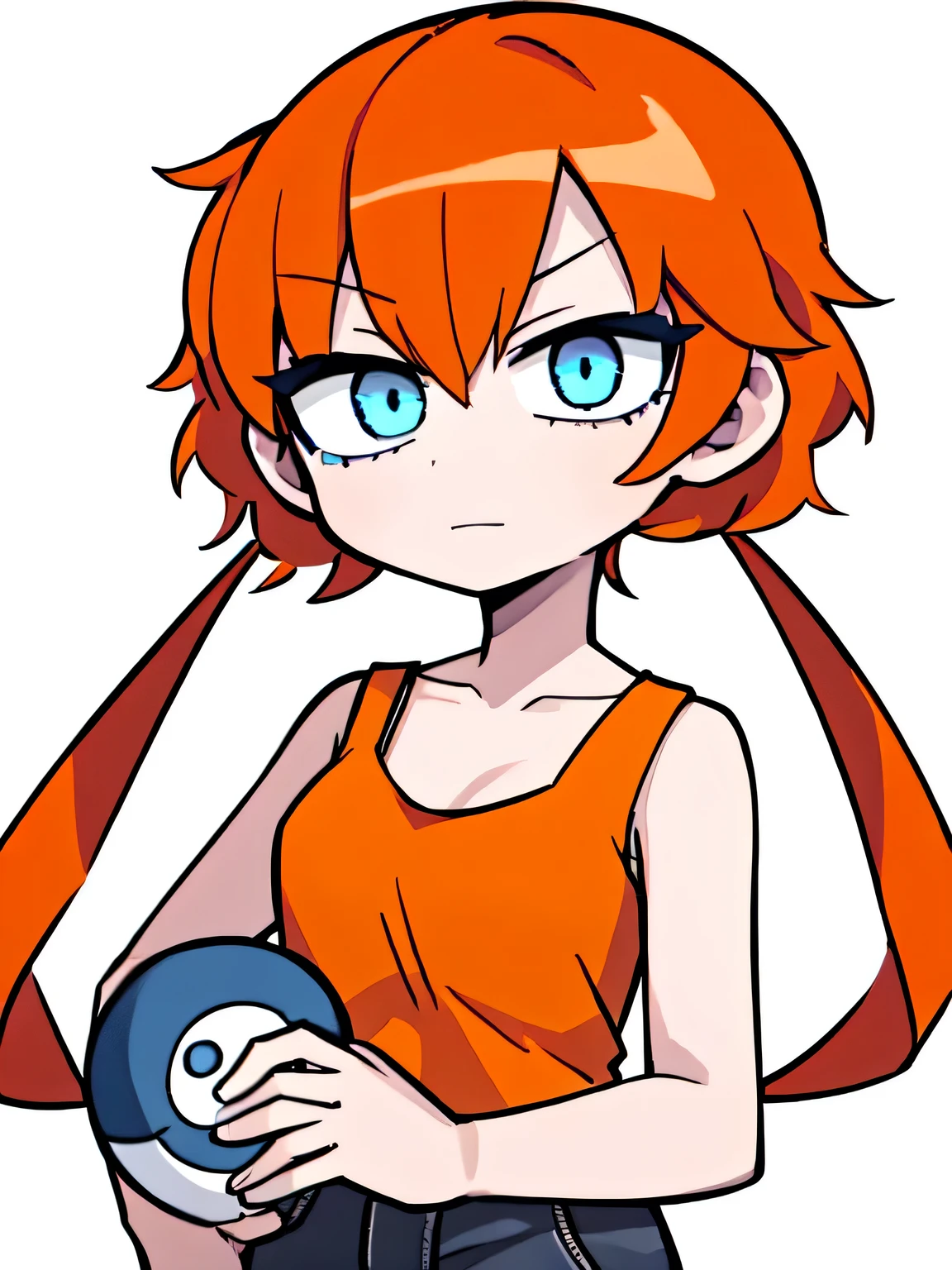 1girl,solo,upper body,low twintails,orange curly hair,(((blue eyes))),white tanktop,white background