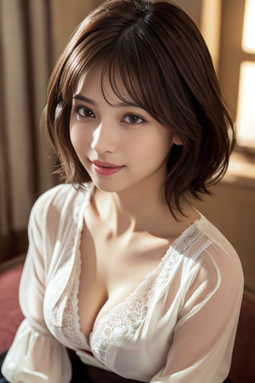 Nipples are visible、(RAW Photos), (Realistic), (masterpiece), (highest quality), High resolution, 8K resolution, (Intricate details), (Volumetric Light), Portraiture, woman,, short hair, Straight hair, Layered Hair, Brown haired, Highly detailed eyes, Source order, Very thin eyebrows, Highly detailed skin, Highly detailed mouth, Highly detailed nose, Cute like an idol, smile, ((Thick lips)), ((Look at the viewers)), (Elegant blouse)、Cleavage、Cleavage、The color of the clothes is up to you、The color of her underwear is see-through colorful、