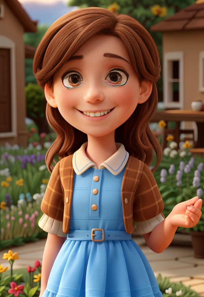 young happy woman smiling, light brown hair, light brown eyes, wearing blue dress, with garden in the background
