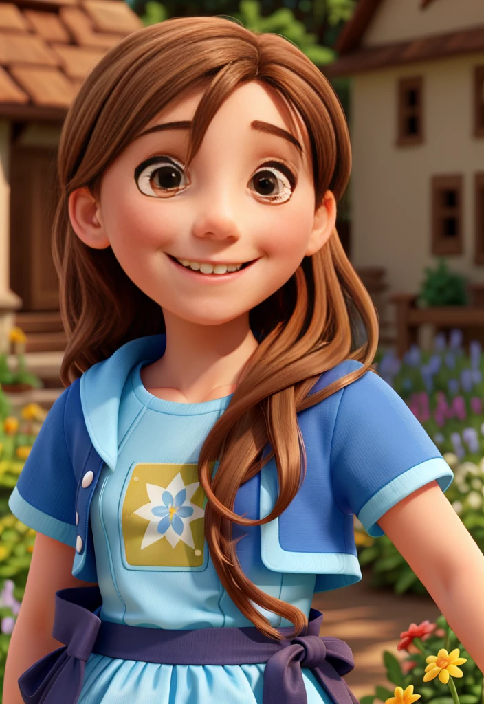 young happy woman smiling, light brown hair, light brown eyes, wearing blue dress, with garden in the background