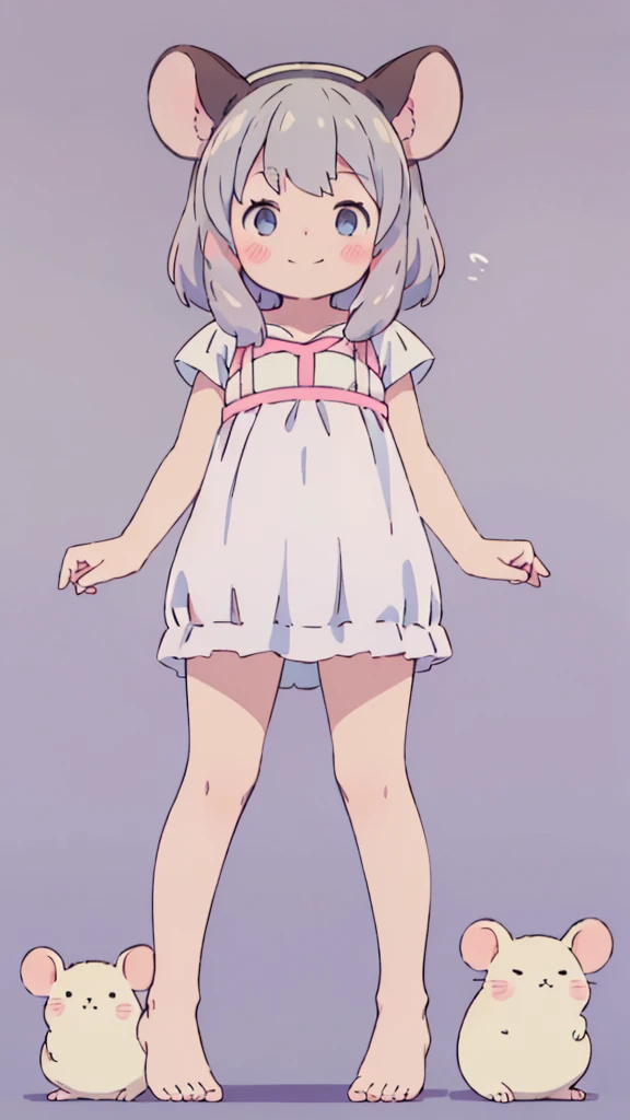 ((masterpiece))((Highest quality))Mouse Ears、girl、smile、blush、Flat Chest、Are thin、、low length、Gray Hair、blush、Are standing、Whole body image、Even your toes are visible、Eye level on face、front、No background、Mouse pose、真frontのアングル