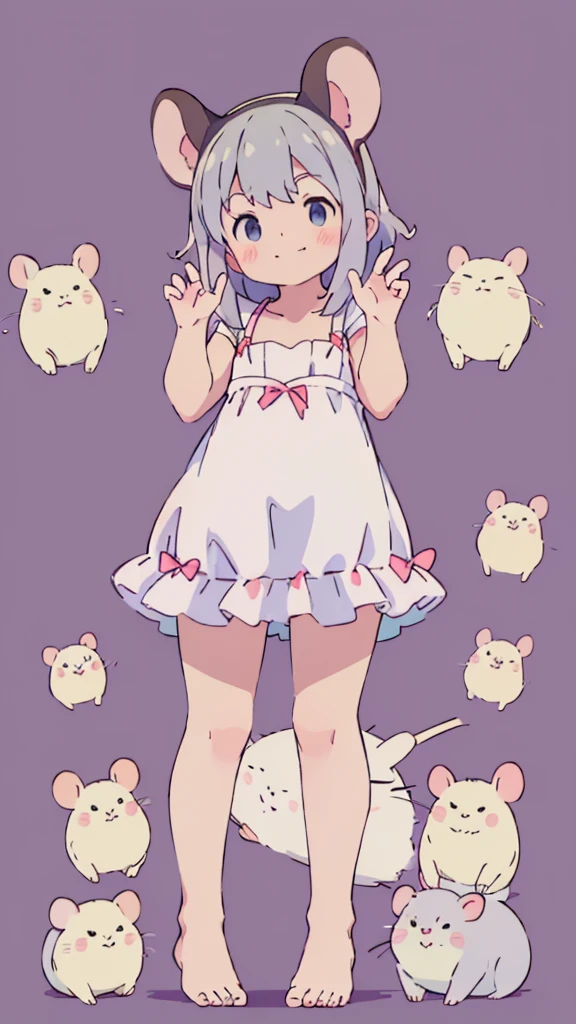 ((masterpiece))((Highest quality))Mouse Ears、girl、smile、blush、Flat Chest、Are thin、、low length、Gray Hair、blush、Are standing、Whole body image、Even your toes are visible、Eye level on face、front、No background、Mouse pose、真frontのアングル