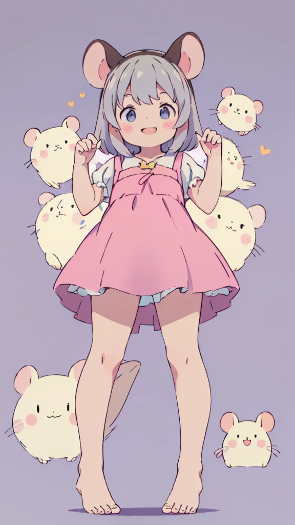 ((masterpiece))((Highest quality))Mouse Ears、girl、smile、blush、Flat Chest、Are thin、、low length、Gray Hair、blush、Are standing、Whole body image、Even your toes are visible、Eye level on face、front、No background、Mouse pose、真frontのアングル