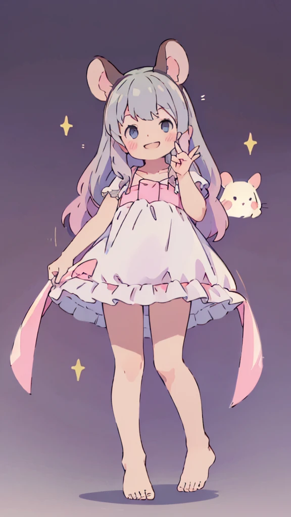 ((masterpiece))((Highest quality))Mouse Ears、girl、smile、blush、Flat Chest、Are thin、、low length、Gray Hair、blush、Are standing、Whole body image、Even your toes are visible、Eye level on face、front、No background、Mouse pose、真frontのアングル