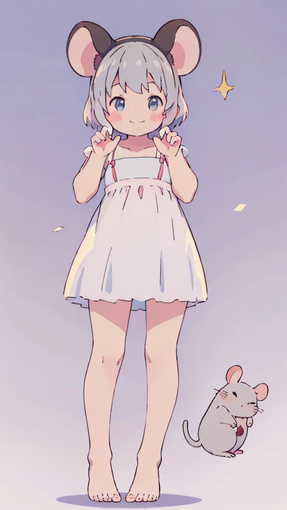 ((masterpiece))((Highest quality))Mouse Ears、girl、smile、blush、Flat Chest、Are thin、、low length、Gray Hair、blush、Are standing、Whole body image、Even your toes are visible、Eye level on face、front、No background、Mouse pose、真frontのアングル