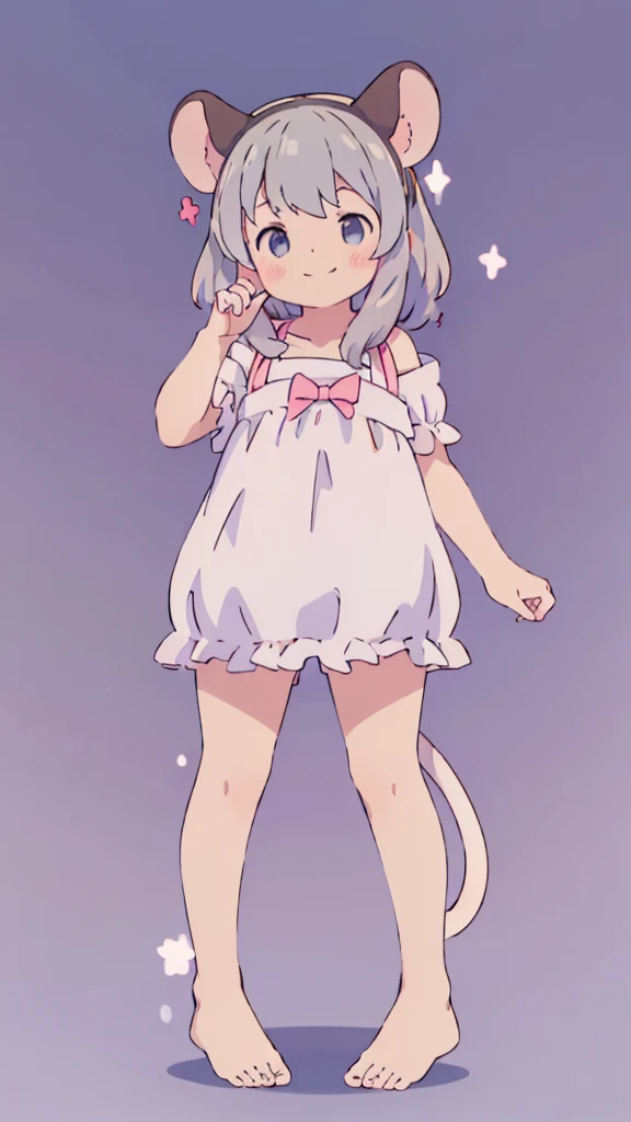 ((masterpiece))((Highest quality))Mouse Ears、girl、smile、blush、Flat Chest、Are thin、、low length、Gray Hair、blush、Are standing、Whole body image、Even your toes are visible、Eye level on face、front、No background、Mouse pose、真frontのアングル