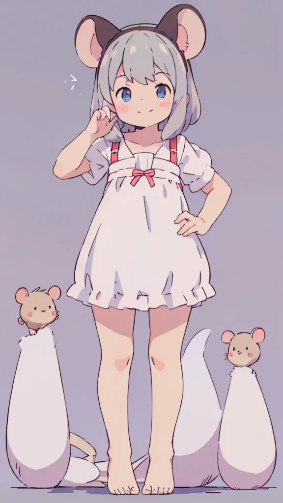 ((masterpiece))((Highest quality))Mouse Ears、girl、smile、blush、Flat Chest、Are thin、、low length、Gray Hair、blush、Are standing、Whole body image、Even your toes are visible、Eye level on face、front、No background、Mouse pose、真frontのアングル