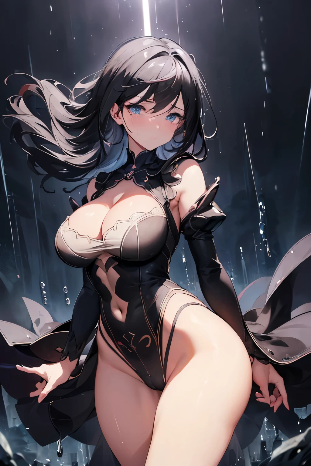 Masterpiece, best quality, woman, (silhouette:1.3), (glowing eyes), (tears:1.1), (rain:1.1), (lightning), (star sky), lightning strike, (detailed background), (round breasts), (bubble butt), (wide hips:1.1), (slim waist:1.1), (thick thighs:1.1), (detailed face and eyes:1.2), (detailed hand and finger:1.2), (medium breasts:1.2), (busty), (deep cleavage:1.2), (labia outline:1.3), (hard teat:1.3).