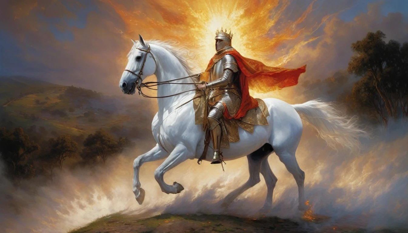 The heavens opened, revealing a glorious and terrifying sight: a knight on a white horse, with eyes like flames of fire, crowned with many diadems and a cloak dyed in blood.  Clothed in fine linen, white and pure, they followed him on white horses. The entire sky seemed to vibrate with the divine presence,