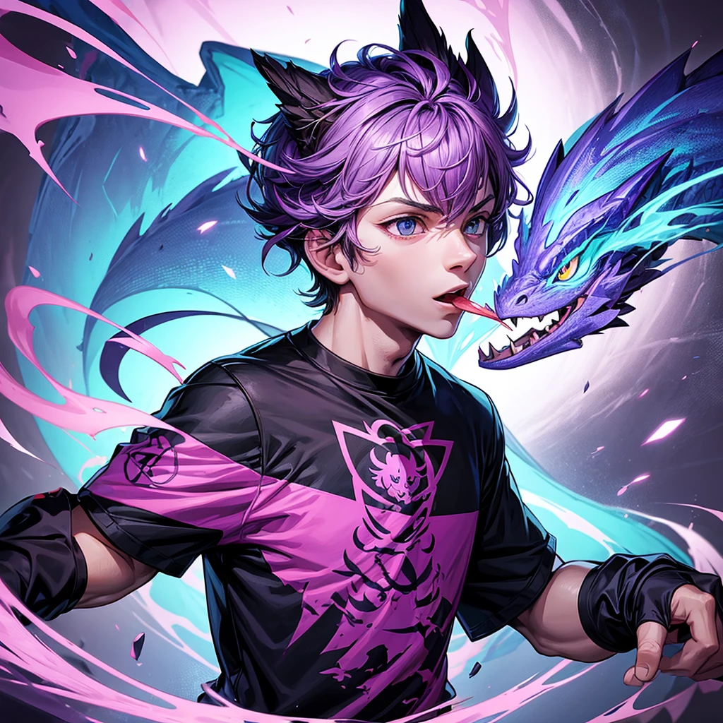vector T-shirt design, modern graphics design, purple tones, white background, featuring a charming baby dragon with smoke out of his mouth