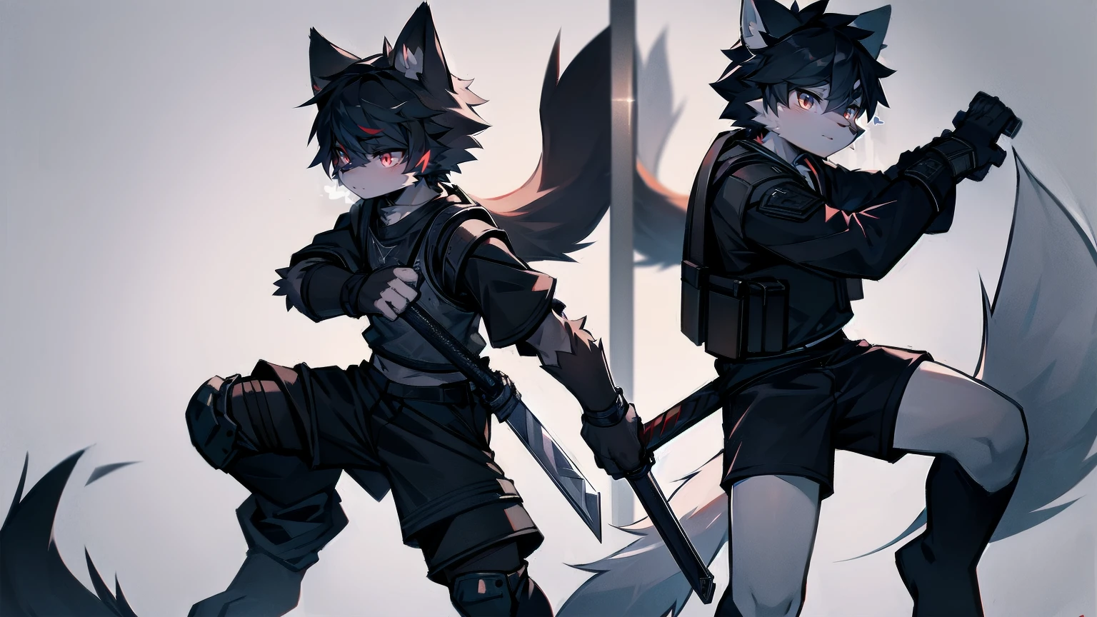 White Wolf,Black Hair,Red Eyes,Wolf ears,Wolf tail,juvenile,male,hairy,hair,Half-body armor,Combat uniform,Silver and black clothes,Handsome,Handsome,shorts,Forearm exposed,leg,Fighting Stance,duel,Two people,anxious,Holding a sword,Simple background,sword