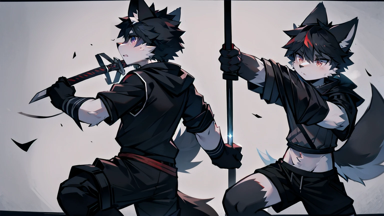 White Wolf,Black Hair,Red Eyes,Wolf ears,Wolf tail,juvenile,male,hairy,hair,Half-body armor,Combat uniform,Silver and black clothes,Handsome,Handsome,shorts,Forearm exposed,leg,Fighting Stance,duel,Two people,anxious,Holding a sword,Simple background,sword