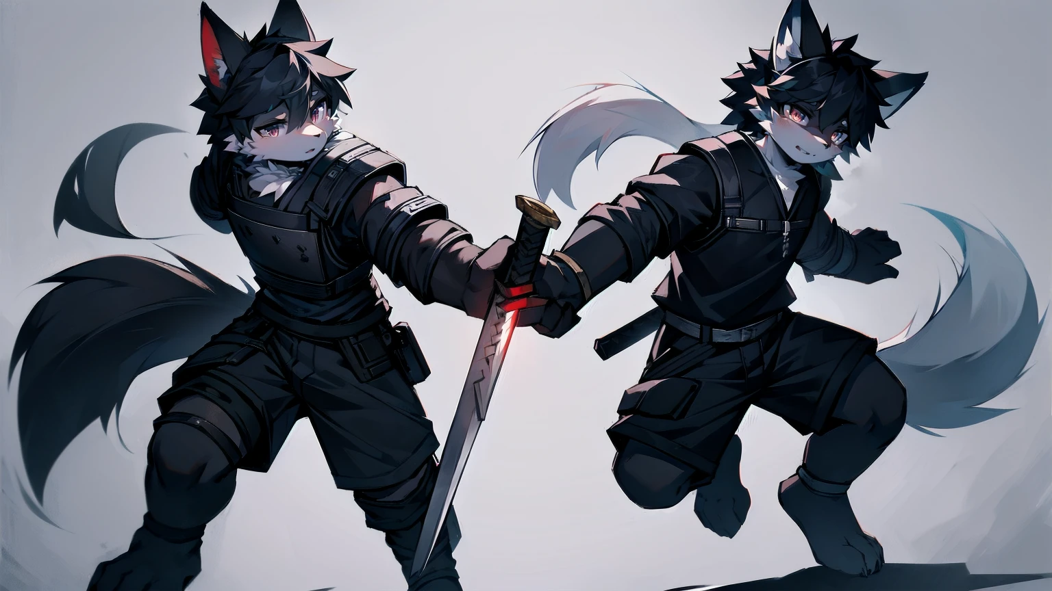 White Wolf,Black Hair,Red Eyes,Wolf ears,Wolf tail,juvenile,male,hairy,hair,Half-body armor,Combat uniform,Silver and black clothes,Handsome,Handsome,shorts,Forearm exposed,leg,Fighting Stance,duel,Two people,anxious,Holding a sword,Simple background,sword