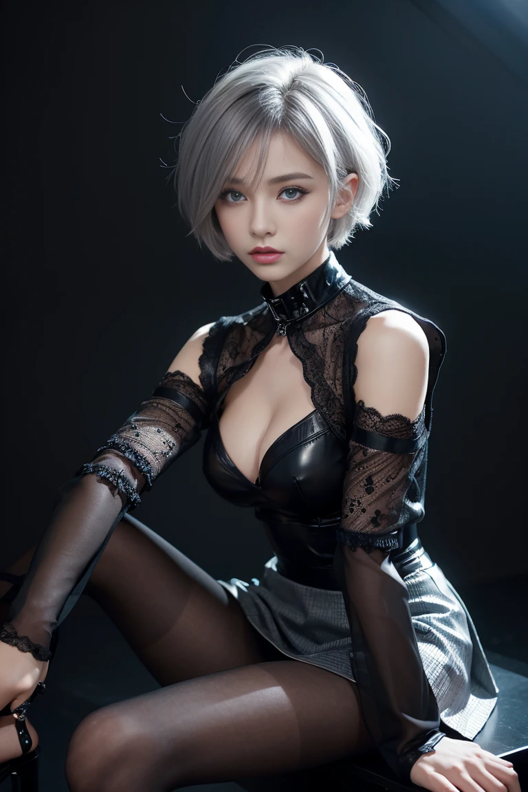 ((black transparent pantyhose ultra detailed)), beautiful, masterpiece, best quality, _ BREAK Beautiful and cute perfect model, Tightened all body, medium Breasts, _ BREAK (short hair, _ BREAK Perfect geometric art to match fashion background, blurry background, Fog, mist, _ BREAK (all body shot, sitting and model pose:1.6), BREAK (Cyber punk dress, wide Sleeves:1.3), (black theme:1.3), (mandarin collar:1.2), (intricate patchwork of lace and leather:1.2), (triangular silhouette skirt:1.2), (gray hair, blue eyes:1.2)