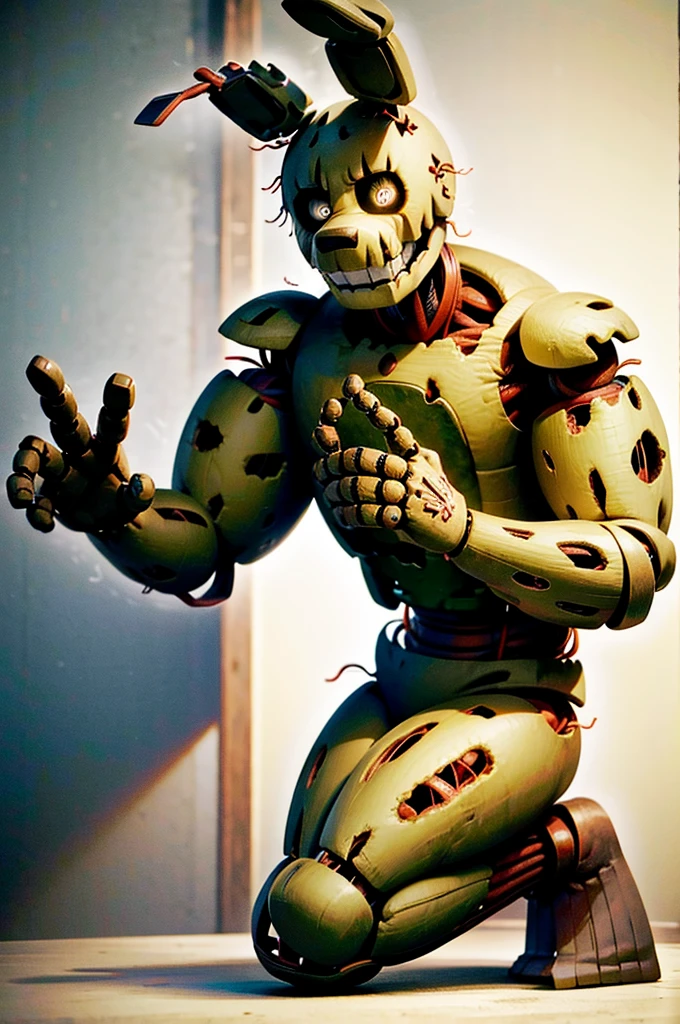  Scraptrap. While he does retain some key physical details from his original design, there are some major differences. Unlike the previous design where his interior was mostly machinery, it is now almost entirely organic, and shows his human skeleton as well as flesh, with five bony fingers as his right hand. The reason as to why Scraptrap is much more detailed this time is probably because his full body can be seen in one of the rare-boot screens. There are more torn patches in his suit with multiple metal-wires, and he has lost his left forearm, half his left ear, and the rest of his right ear. His feet now have fabric over them, with three large, round toes on each foot. His eyes no longer glow and now look completely metallic.
The mask also has significant differences, with much larger eye sockets, a black nose, a square muzzle, a singular pair of buck teeth at the top row and small sharp needle-like teeth at the bottom. Afton's mummified head has turned pale in color, now with ears, thicker lips, rigged teeth, and a dimple. Upon closer inspection, there appears to be brain matter poking out from his forehead and exposed muscle tissue on his cheeks.