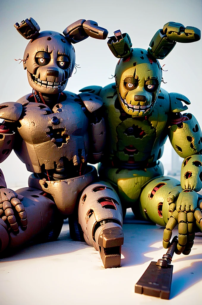 Scraptrap. While he does retain some key physical details from his original design, there are some major differences. Unlike the previous design where his interior was mostly machinery, it is now almost entirely organic, and shows his human skeleton as well as flesh, with five bony fingers as his right hand. The reason as to why Scraptrap is much more detailed this time is probably because his full body can be seen in one of the rare-boot screens. There are more torn patches in his suit with multiple metal-wires, and he has lost his left forearm, half his left ear, and the rest of his right ear. His feet now have fabric over them, with three large, round toes on each foot. His eyes no longer glow and now look completely metallic.
The mask also has significant differences, with much larger eye sockets, a black nose, a square muzzle, a singular pair of buck teeth at the top row and small sharp needle-like teeth at the bottom. Afton's mummified head has turned pale in color, now with ears, thicker lips, rigged teeth, and a dimple. Upon closer inspection, there appears to be brain matter poking out from his forehead and exposed muscle tissue on his cheeks.
