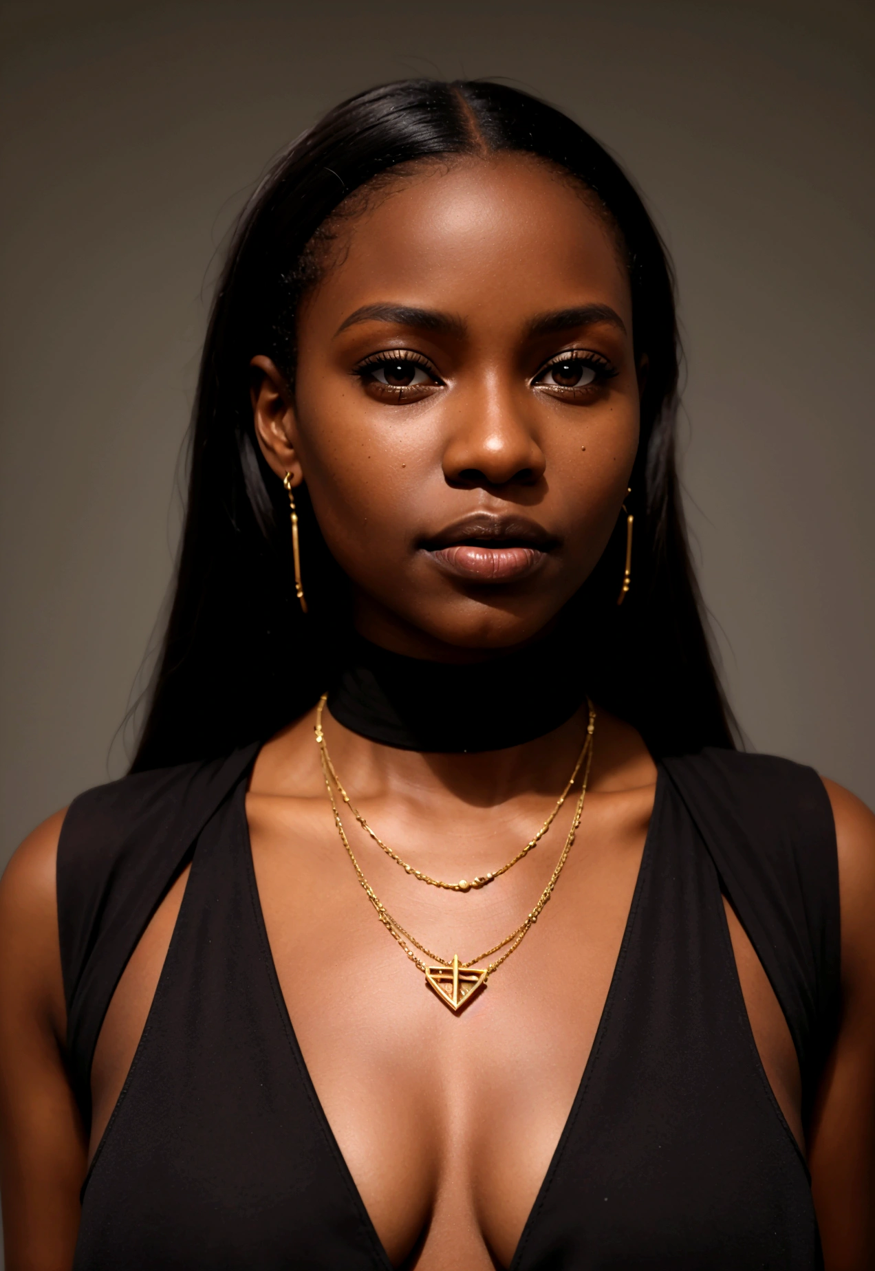 There is a woman with a black shirt and a gold necklace, photo d'a black woman, dark skin, brown-skinned, dark skin, Wear a detailed gold necklace, Jea black woman, Wear a black choker, Marie Borges, inspired by Théo Constanté, black skin!!!, taken in the early 2020s, very dark brown skin!