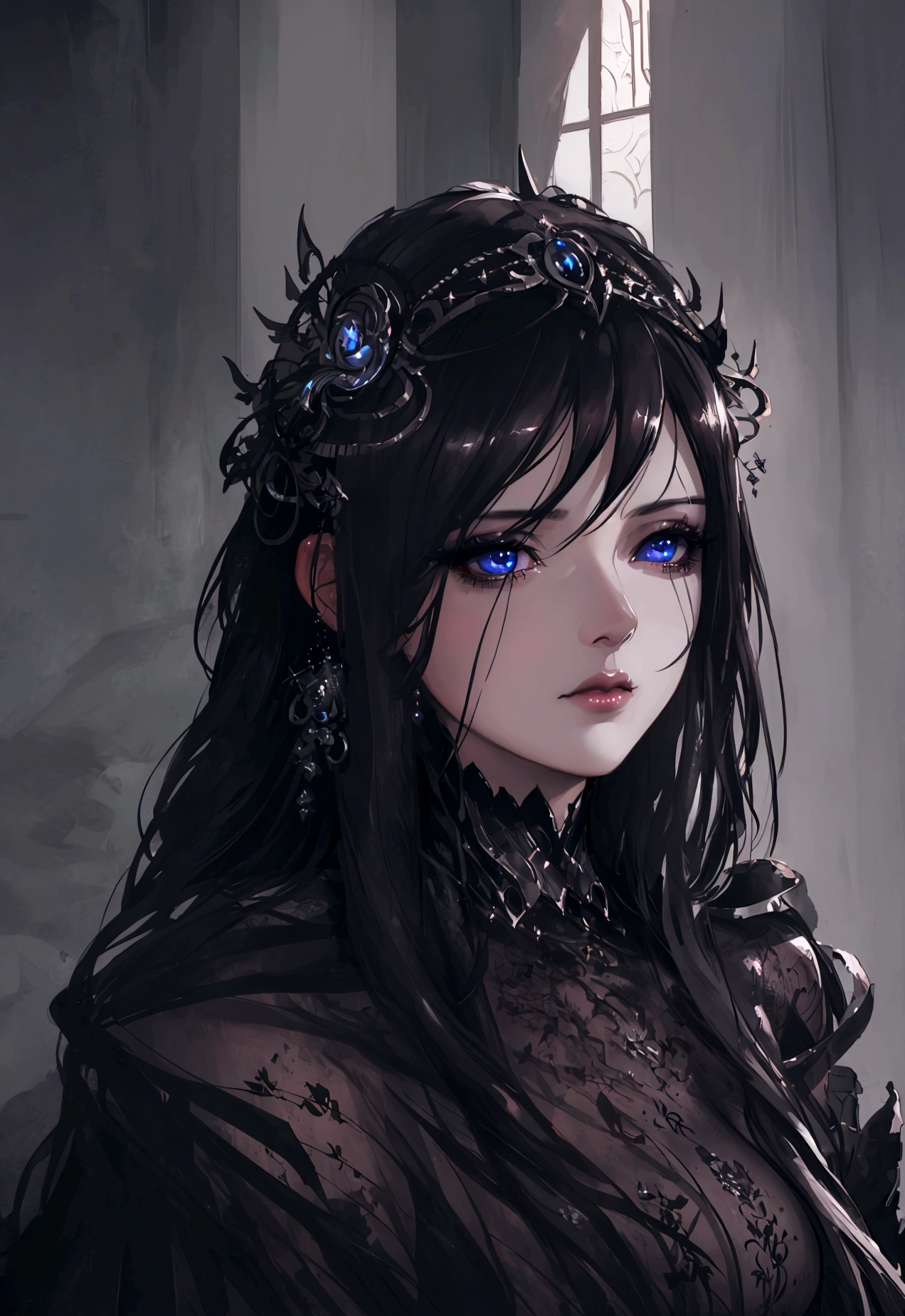 a woman with beautiful detailed eyes, beautiful detailed lips, extremely detailed face and features, long eyelashes, serious expression, dark hair, high quality, photorealistic, 8k, masterpiece, cinematic lighting, dark dramatic moody lighting, fantasy art, digital painting, concept art, atmospheric, cinematic, dramatic