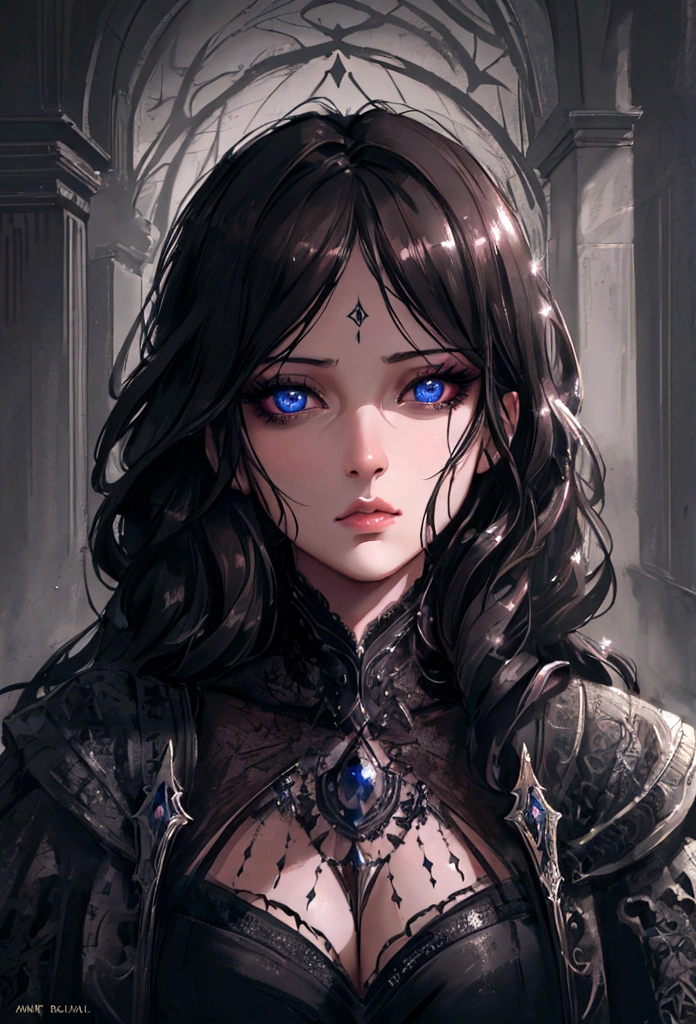 a woman with beautiful detailed eyes, beautiful detailed lips, extremely detailed face and features, long eyelashes, serious expression, dark hair, high quality, photorealistic, 8k, masterpiece, cinematic lighting, dark dramatic moody lighting, fantasy art, digital painting, concept art, atmospheric, cinematic, dramatic