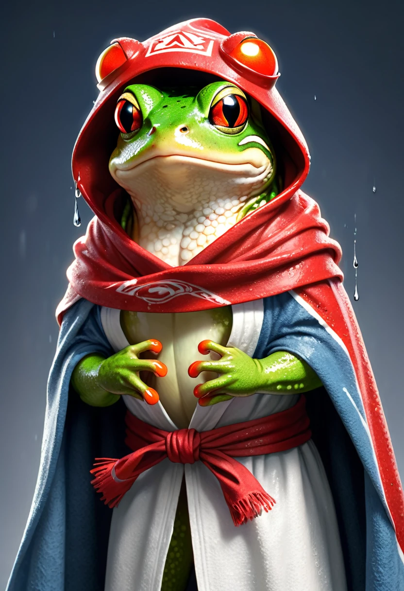 Cool frog, frog with bath towel, freshly bathed, simple background, red bandana, wet, brave, cape, best quality, super detailed, ultra high resolution