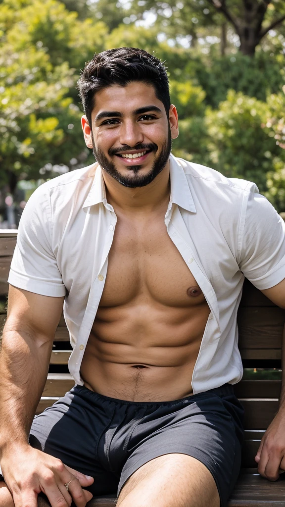 A handsome Mexican man, black hair, short beard, 6 pack abbs,virile and fit body , sitting on a park bench, smiling 