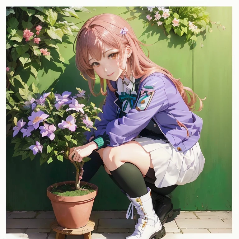anime girl kneeling down with a potted plant in front of her, marin kitagawa fanart, illustrious makinami, official art, anime visual of a cute girl, official character art, high detailed official artwork, official artwork, haruno sakura, official illustration, render of april, smooth anime cg art, beautiful anime girl squatting, misato katsuragi, promo art