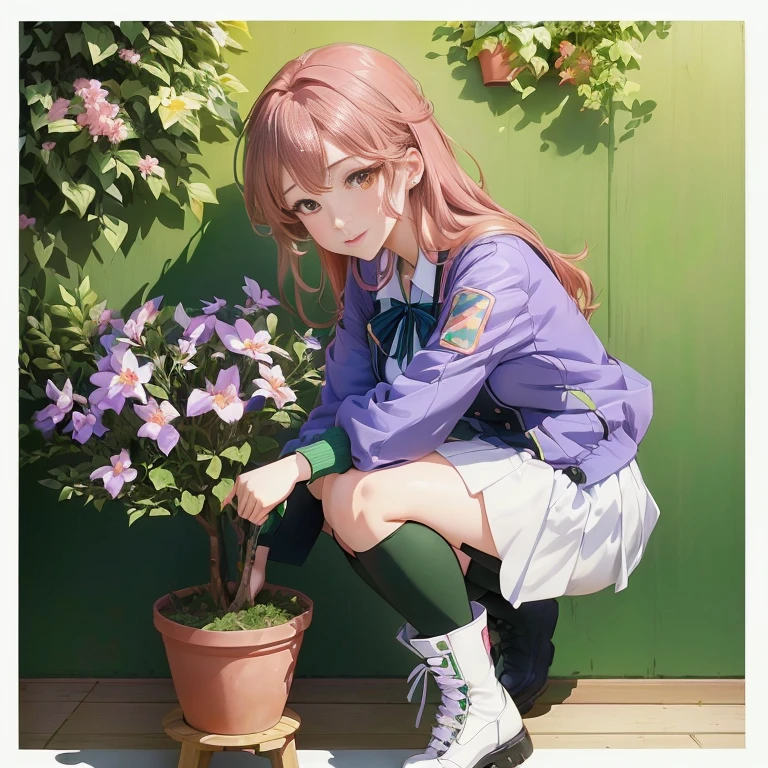 anime girl kneeling down with a potted plant in front of her, marin kitagawa fanart, illustrious makinami, official art, anime visual of a cute girl, official character art, high detailed official artwork, official artwork, haruno sakura, official illustration, render of april, smooth anime cg art, beautiful anime girl squatting, misato katsuragi, promo art