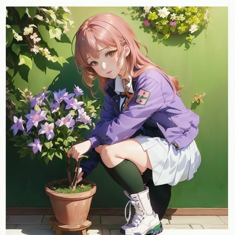 anime girl kneeling down with a potted plant in front of her, marin kitagawa fanart, illustrious makinami, official art, anime visual of a cute girl, official character art, high detailed official artwork, official artwork, haruno sakura, official illustration, render of april, smooth anime cg art, beautiful anime girl squatting, misato katsuragi, promo art