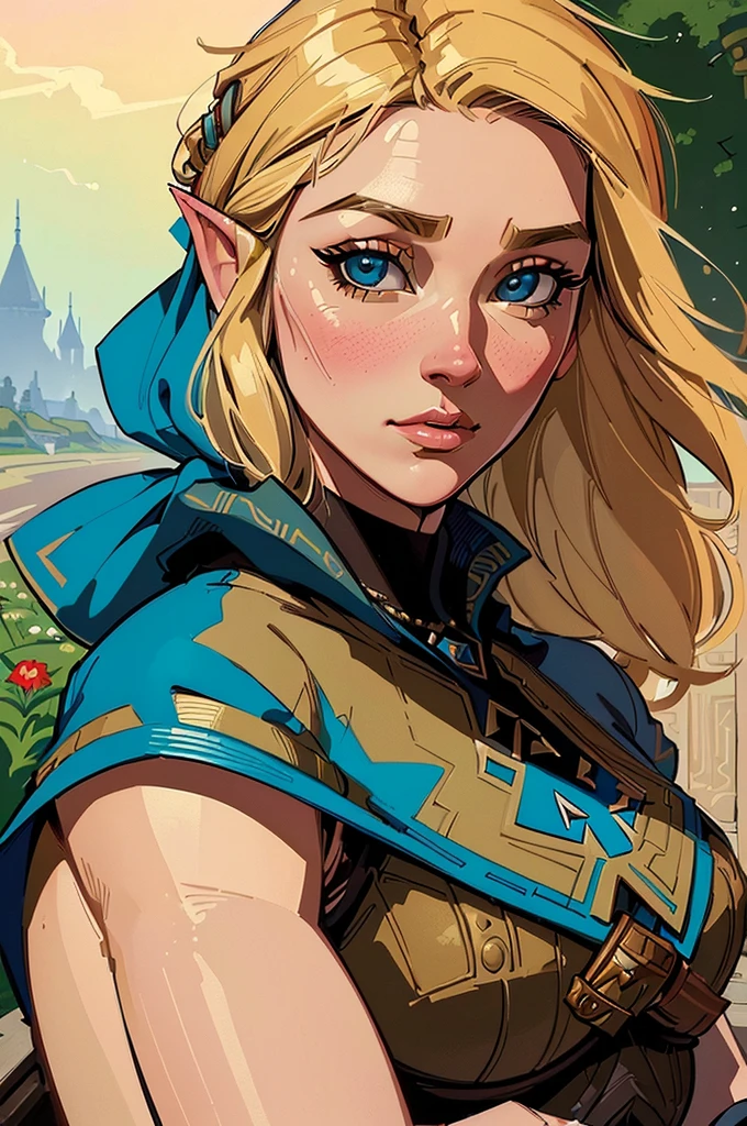 ((beste-Qualit, tmasterpiece)),((young Natalia Varley)), Summer outfit, ((The Legend of Zelda)), romance, Street sketch, ((Стиль Coles-Phillips)), Detailed Illustration, grotesque, Complicated details, chilling, (aesthetics), excitement, Hyper-realistic, insanely detailed,