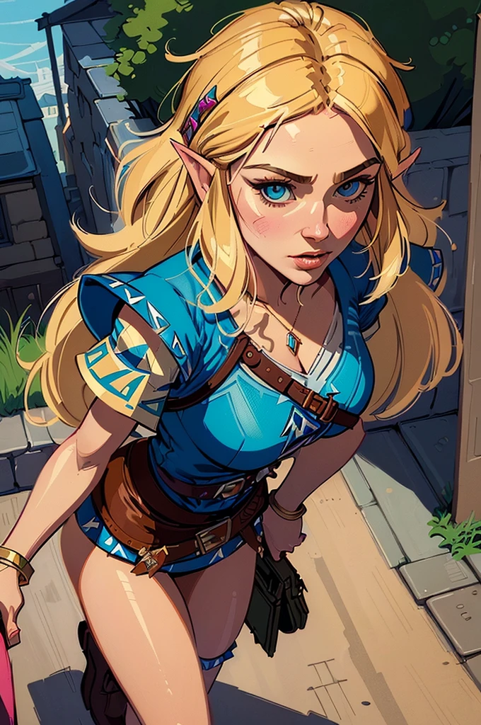 ((beste-Qualit, tmasterpiece)), Summer outfit, ((The Legend of Zelda)), romance, Street sketch, ((Стиль Coles-Phillips)), Detailed Illustration, grotesque, Complicated details, chilling, (aesthetics), excitement, Hyper-realistic, insanely detailed,