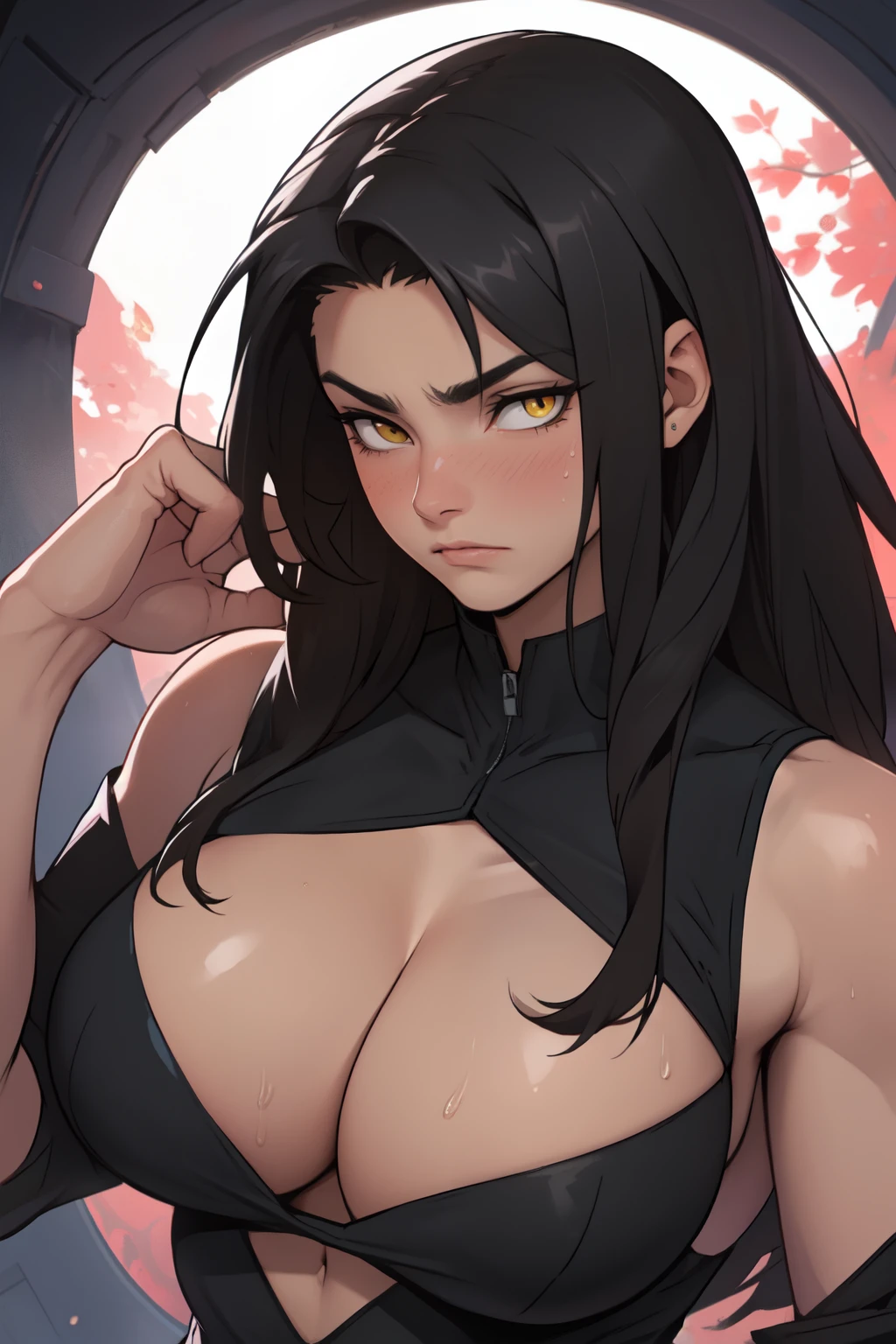 muscular black hair yellow eyes pale skin girl sad cleavage huge blushing frown sweaty long straight hair long straight hair long straight hair long straight hair long straight hair flowing garments