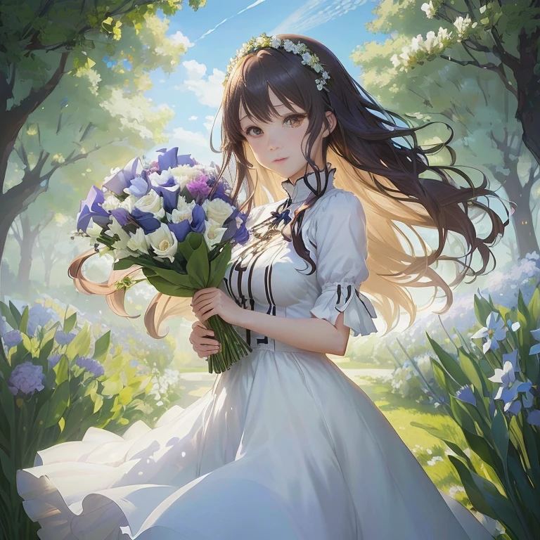 anime girl in a white dress holding a bouquet of flowers, official art, official anime artwork, violet evergarden, official artwork, she is the center of the garden, cushart krenz key art feminine, with flowers, official illustration, epic light novel art cover, rin, anime moe artstyle, smooth anime cg art, marin kitagawa fanart