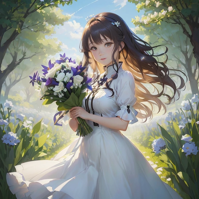 anime girl in a white dress holding a bouquet of flowers, official art, official anime artwork, violet evergarden, official artwork, she is the center of the garden, cushart krenz key art feminine, with flowers, official illustration, epic light novel art cover, rin, anime moe artstyle, smooth anime cg art, marin kitagawa fanart