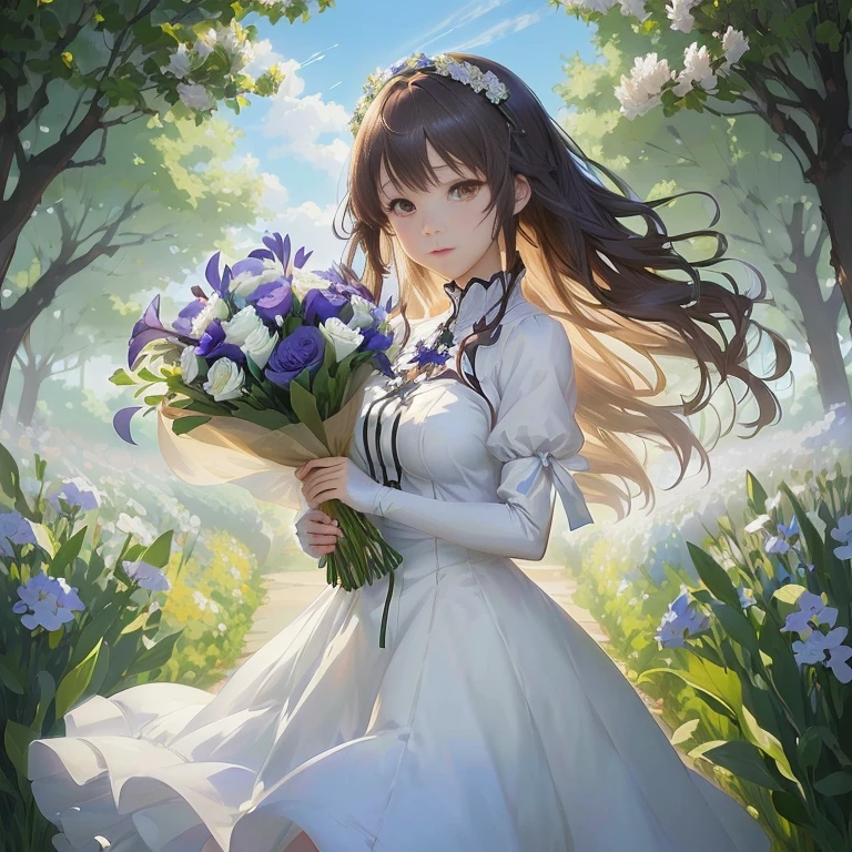 anime girl in a white dress holding a bouquet of flowers, official art, official anime artwork, violet evergarden, official artwork, she is the center of the garden, cushart krenz key art feminine, with flowers, official illustration, epic light novel art cover, rin, anime moe artstyle, smooth anime cg art, marin kitagawa fanart