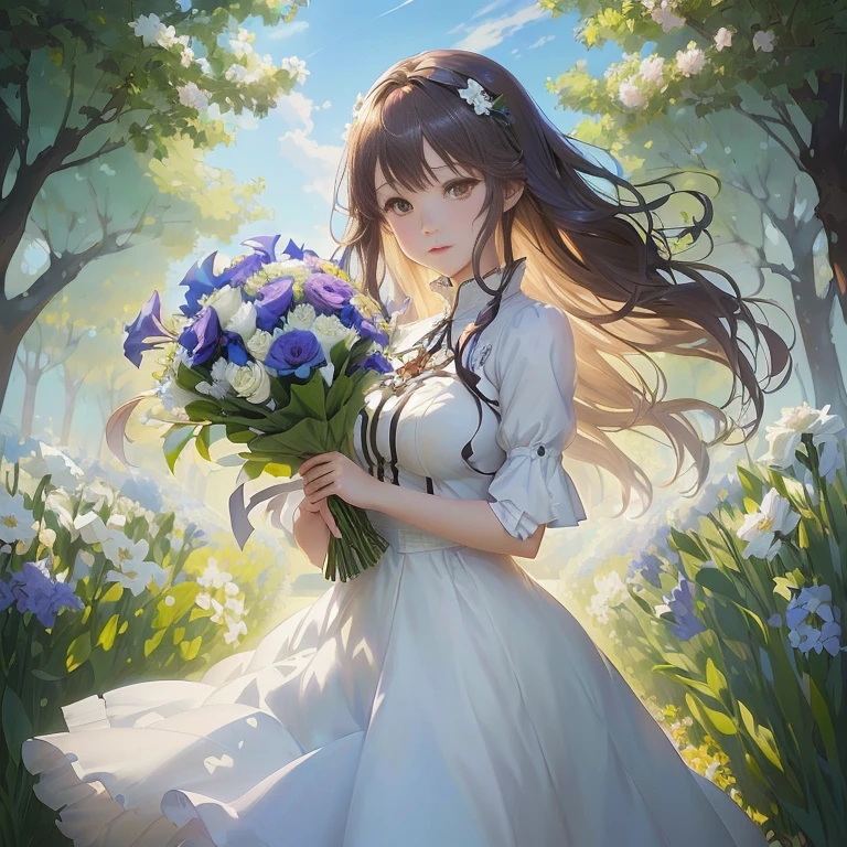 anime girl in a white dress holding a bouquet of flowers, official art, official anime artwork, violet evergarden, official artwork, she is the center of the garden, cushart krenz key art feminine, with flowers, official illustration, epic light novel art cover, rin, anime moe artstyle, smooth anime cg art, marin kitagawa fanart