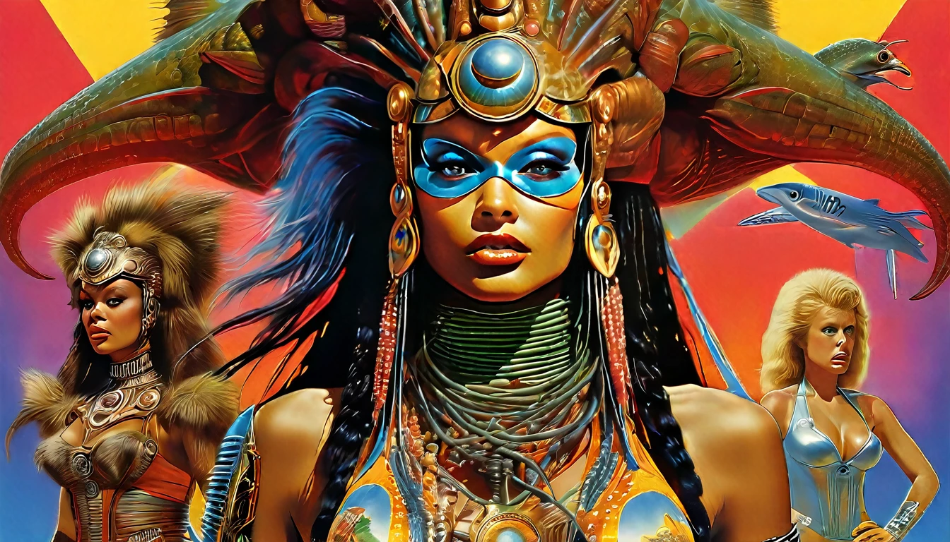 a movie poster for slave girls from beyond infinity, inspired by Clyde Caldwell, afrofuturism, stalenhag, metal album cover, gwar, heavy metal band promo, wayne barlowe pierre pellegrini, retro sci fi, movie poster with no text, movie poster promo, ultra detailed, complex, sharp focus, object texture, studio photo, intricate details, highly detailed, Real Photo style, hyper-realistic, high dynamic range, rich colors, realistic textures, 8K uhd, high color depth, Nikon D 850, Kodak 400 port, fujifilm XT, (cinematic film:3.1)