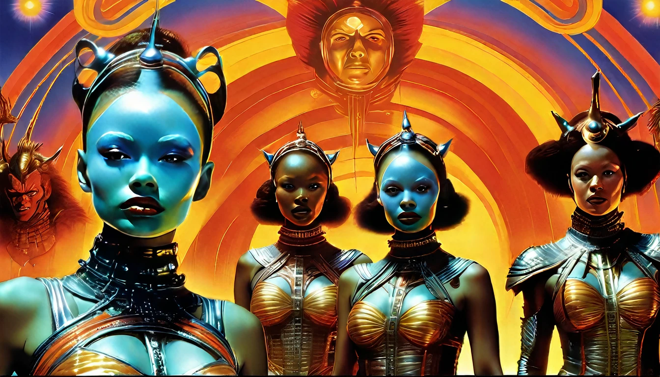 a movie poster for slave girls from beyond infinity, inspired by Clyde Caldwell, afrofuturism, stalenhag, metal album cover, gwar, heavy metal band promo, wayne barlowe pierre pellegrini, retro sci fi, movie poster with no text, movie poster promo, ultra detailed, complex, sharp focus, object texture, studio photo, intricate details, highly detailed, Real Photo style, hyper-realistic, high dynamic range, rich colors, realistic textures, 8K uhd, high color depth, Nikon D 850, Kodak 400 port, fujifilm XT, (cinematic film:3.1)