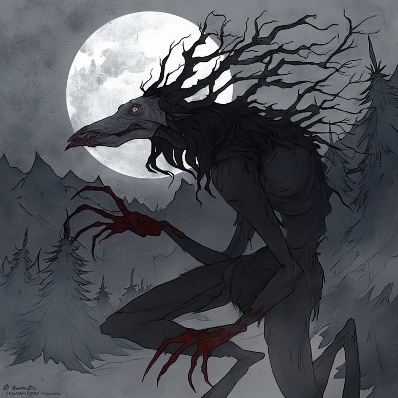 a close-up of a person with a scary face and a scary body, Wendigo, o Wendigo, nightmare illustration, creepy creature, creepy creature, nightmare creature, inspired by Samuel Hieronymus Grimm, a sinister fantasy illustration, demogorgon, a humanoid mosquito wolf, in the style of dark fantasy art, dark illustration, chtulhu