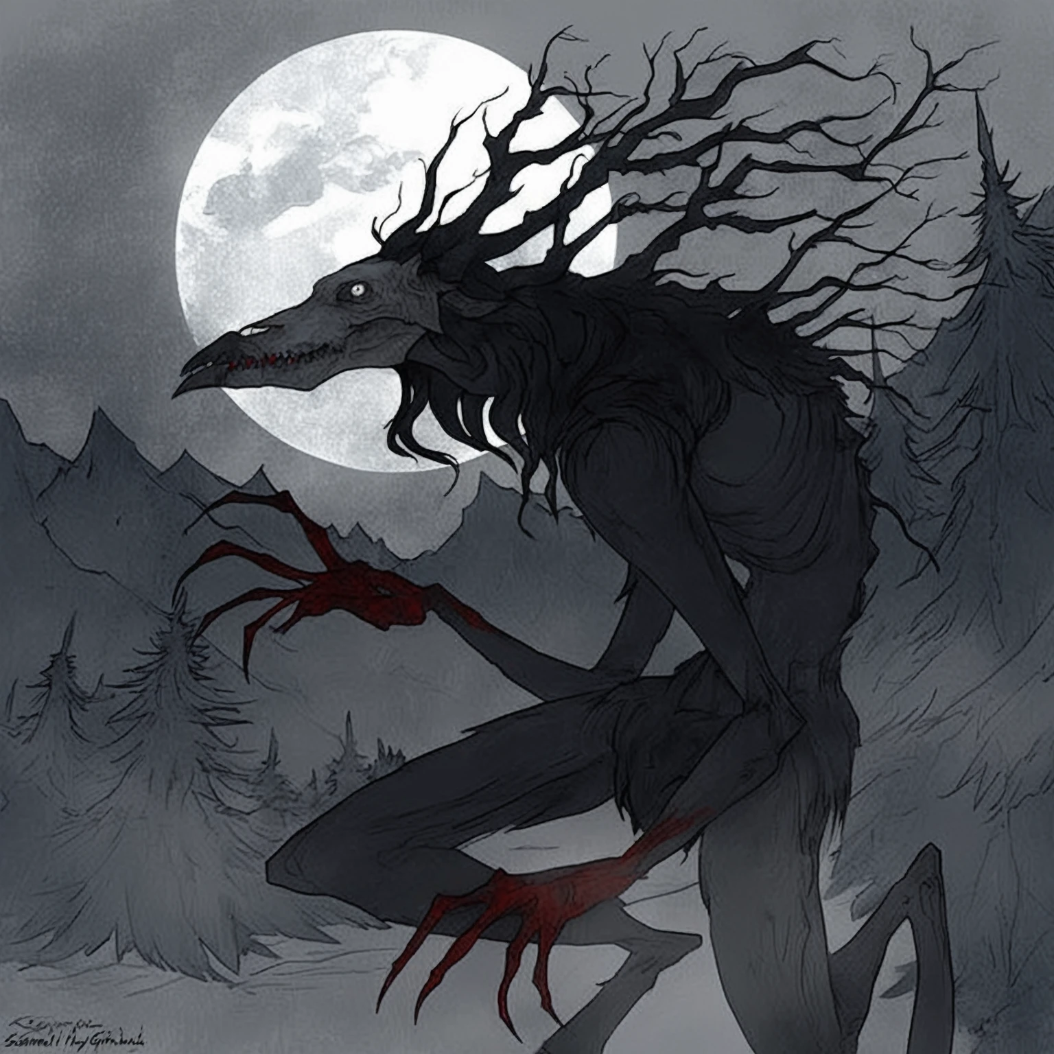 a close-up of a person with a scary face and a scary body, Wendigo, o Wendigo, nightmare illustration, creepy creature, creepy creature, nightmare creature, inspired by Samuel Hieronymus Grimm, a sinister fantasy illustration, demogorgon, a humanoid mosquito wolf, in the style of dark fantasy art, dark illustration, chtulhu