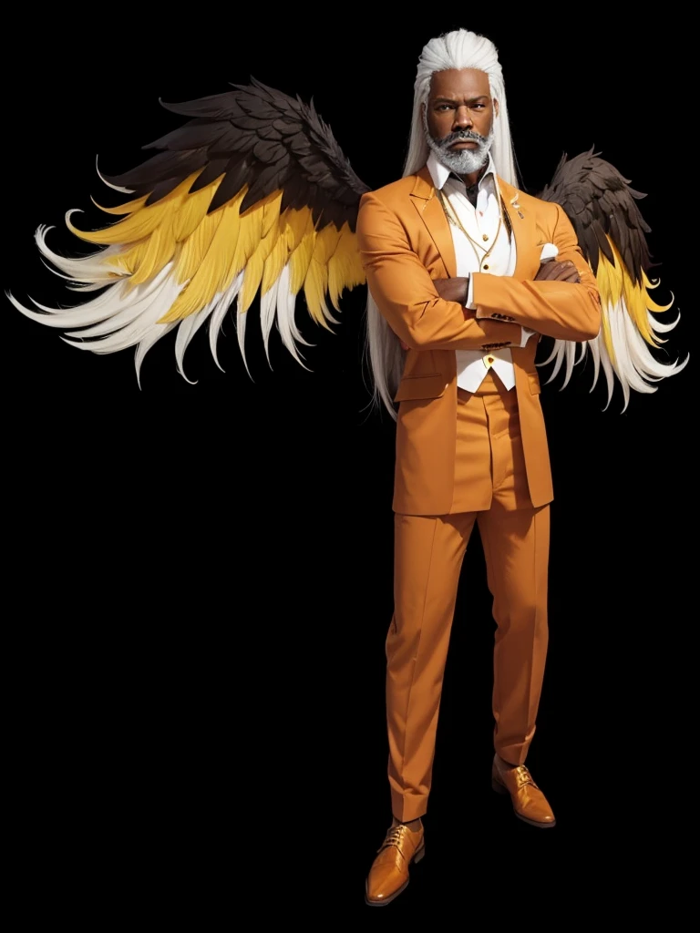 A Strong Black Male, with long white hair, with white beard, with an orange suit set and yellow and brown wings.