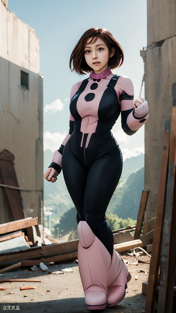 masterpiece, best quality, highres, hmochako, blush stickers, short hair, huge breasts, superhero, bodysuit, boots, ruins, building, fighting stance, clenched hands, wide hips, thick thighs ((curvy)), latex suit