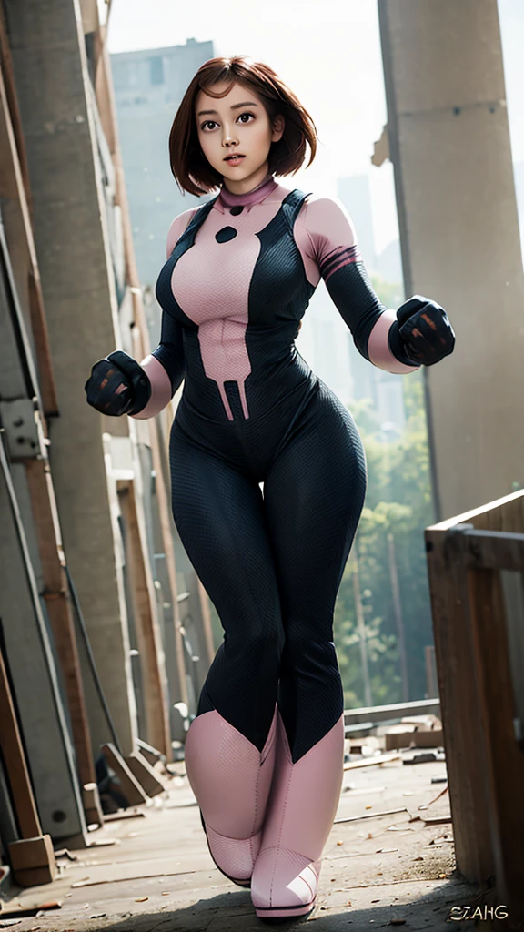 masterpiece, best quality, highres, hmochako, blush stickers, short hair, huge breasts, superhero, bodysuit, boots, ruins, building, fighting stance, clenched hands, wide hips, thick thighs ((curvy)), latex suit