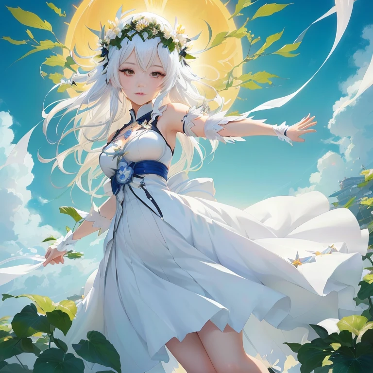 anime girl in white dress with sun in background, white haired deity, guweiz on pixiv artstation, guweiz on artstation pixiv, anime goddess, in dress, trending on artstation pixiv, goddess of summer, guweiz, goddess of nature, cute anime waifu in a nice dress, zerochan art