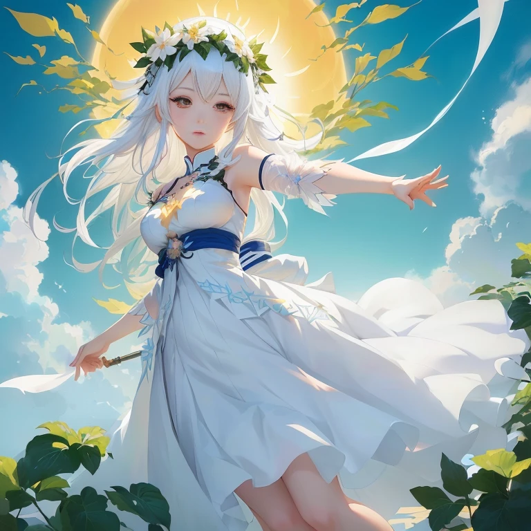 anime girl in white dress with sun in background, white haired deity, guweiz on pixiv artstation, guweiz on artstation pixiv, anime goddess, in dress, trending on artstation pixiv, goddess of summer, guweiz, goddess of nature, cute anime waifu in a nice dress, zerochan art