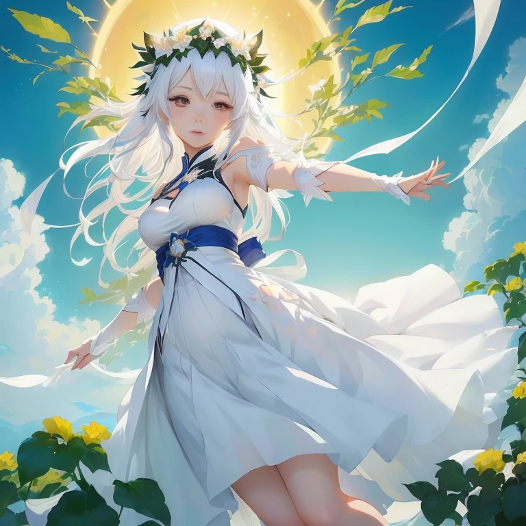 anime girl in white dress with sun in background, white haired deity, guweiz on pixiv artstation, guweiz on artstation pixiv, anime goddess,  in dress, trending on artstation pixiv, goddess of summer, guweiz, goddess of nature, cute anime waifu in a nice dress, zerochan art