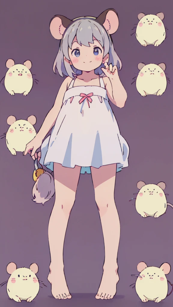 ((masterpiece))((Highest quality))Mouse Ears、girl、smile、blush、Flat Chest、Are thin、、low length、Gray Hair、blush、Are standing、Whole body image、Even your toes are visible、Eye level on face、front、No background、Mouse pose、真frontのアングル、