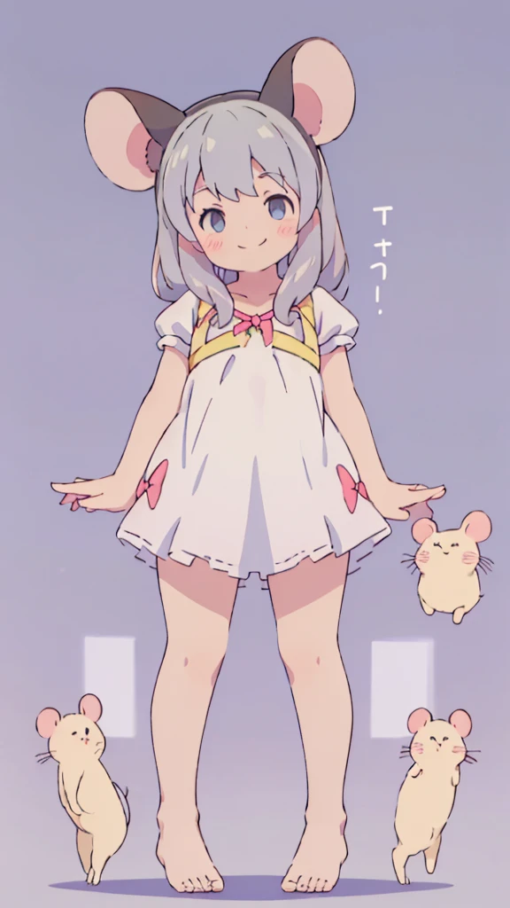 ((masterpiece))((Highest quality))Mouse Ears、girl、smile、blush、Flat Chest、Are thin、、low length、Gray Hair、blush、Are standing、Whole body image、Even your toes are visible、Eye level on face、front、No background、Mouse pose、真frontのアングル、
