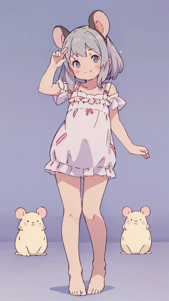 ((masterpiece))((Highest quality))Mouse Ears、girl、smile、blush、Flat Chest、Are thin、、low length、Gray Hair、blush、Are standing、Whole body image、Even your toes are visible、Eye level on face、front、No background、Mouse pose、真frontのアングル、